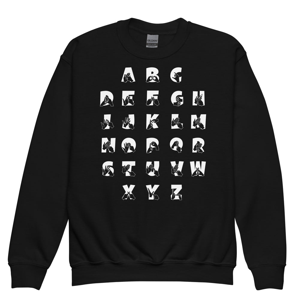 Front view of a black sweatshirt with BSL Alphabet - White Fingerspelling & Text
