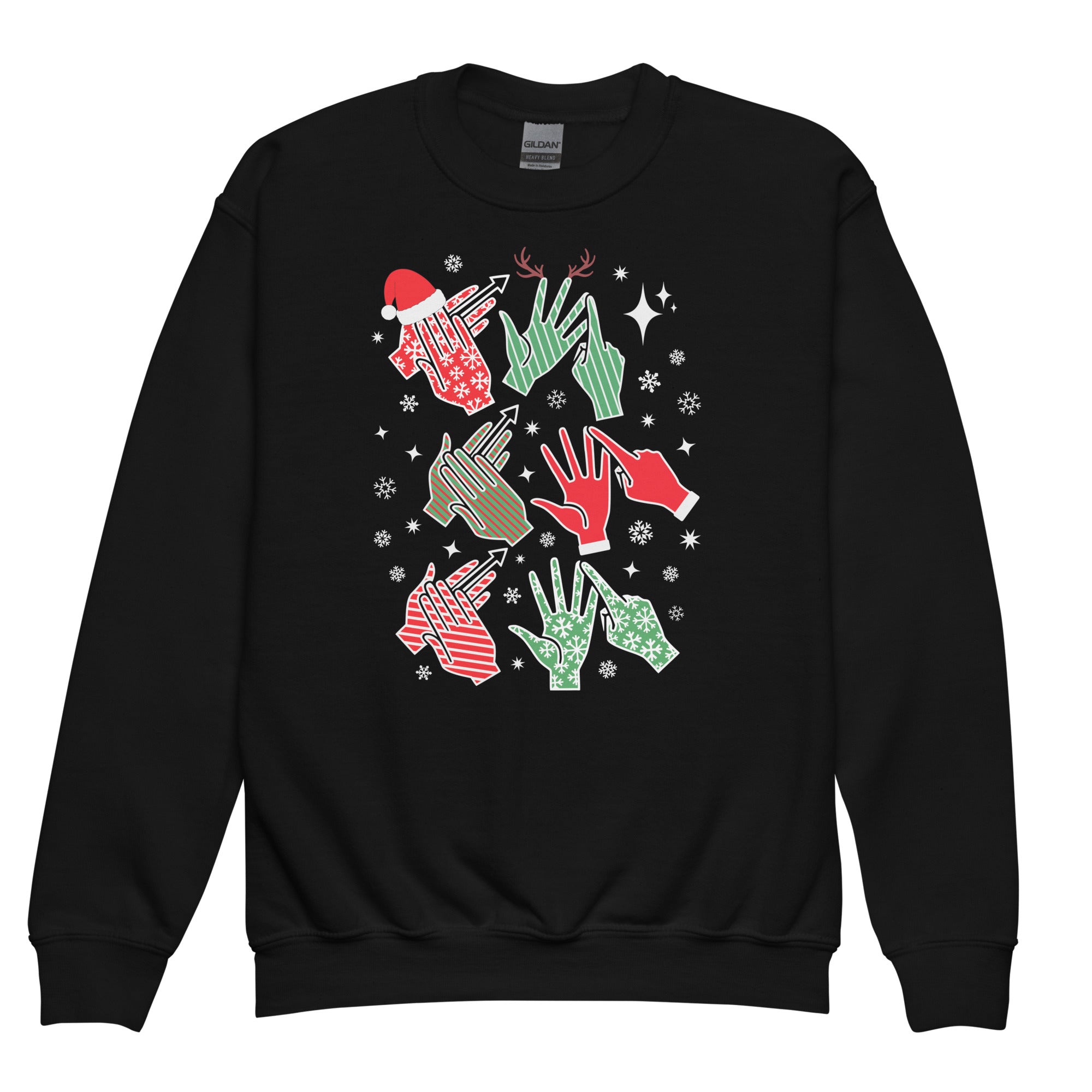 Black coloured Merry Christmas sweatshirt saying HO HO HO in BSL fingerspelling.