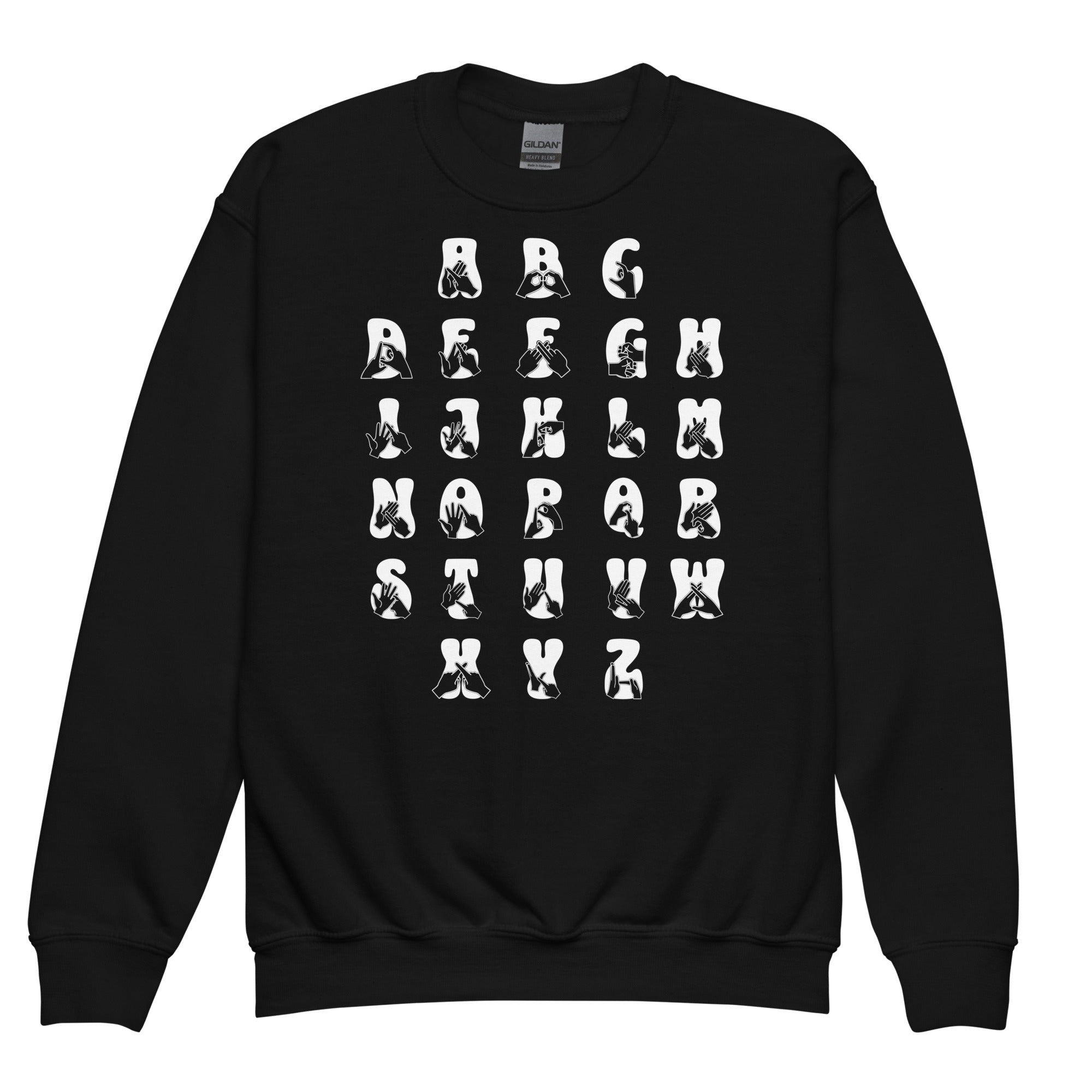 Front view of a black sweatshirt with BSL Alphabet - White Fingerspelling & Text
