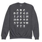 Front view of a dark heather sweatshirt with BSL Alphabet - White Fingerspelling & Text