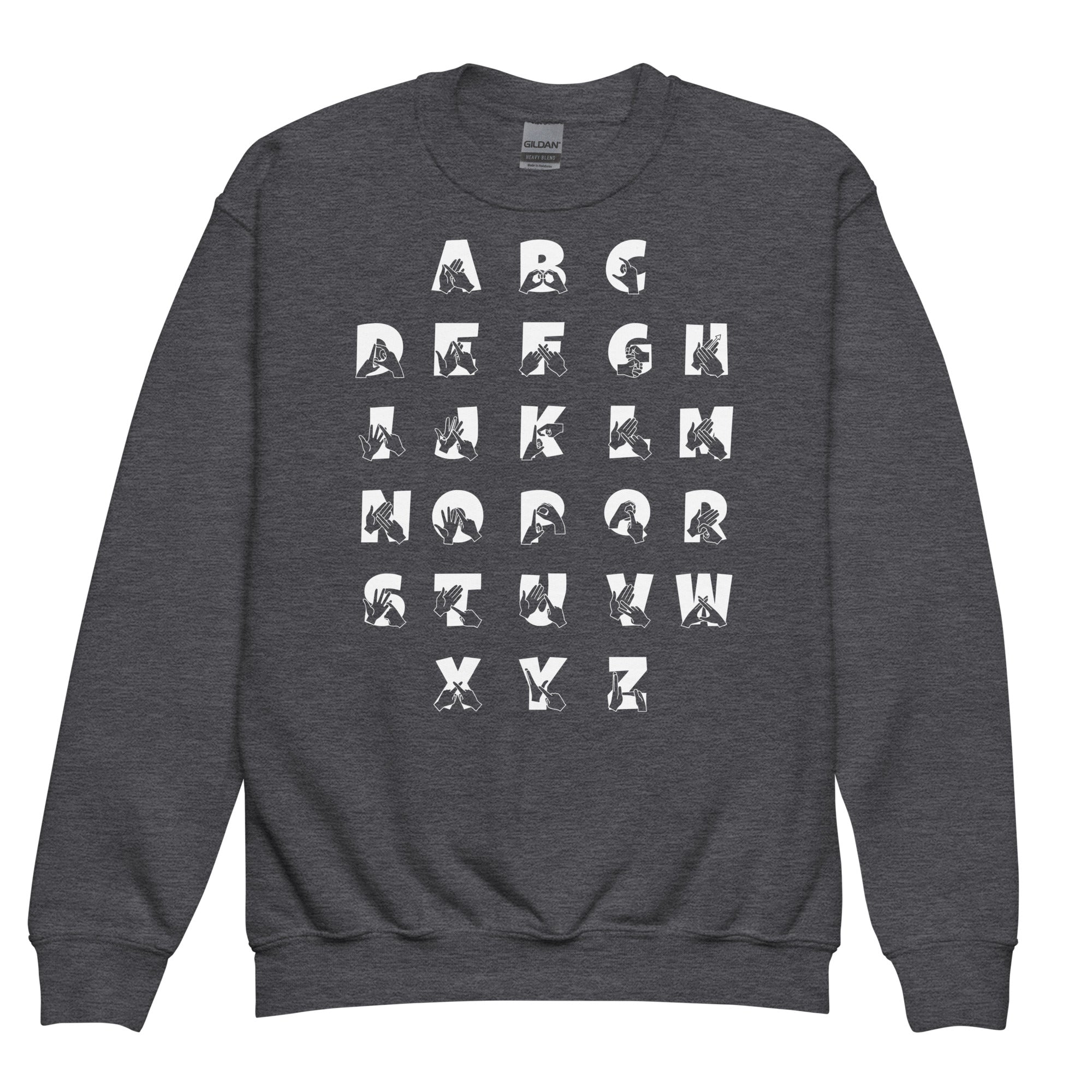 Front view of a dark heather sweatshirt with BSL Alphabet - White Fingerspelling & Text