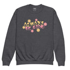 dark heather sweatshirt with ‘Always Be Kind’ in BSL fingerspelling and text, accented by a floral design