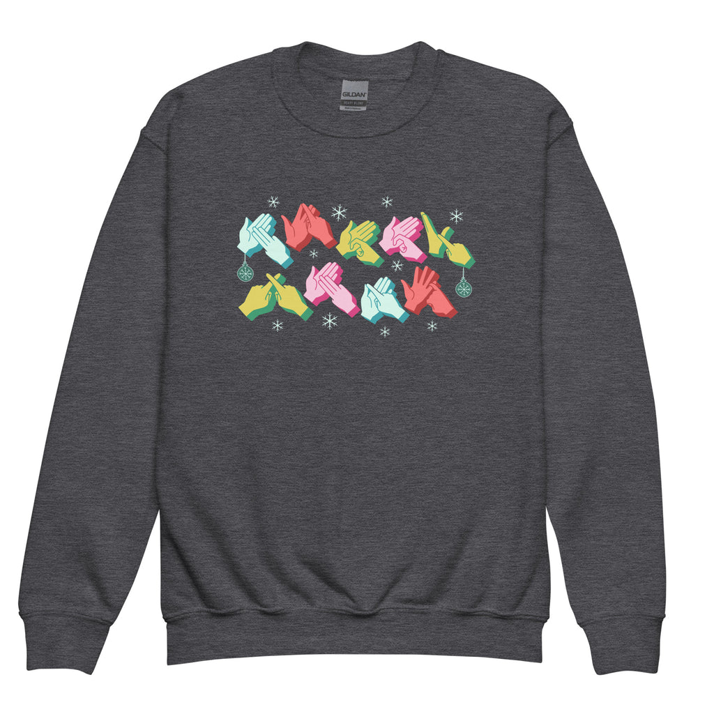 Dark heather coloured Merry Christmas sweatshirt with Merry Xmas BSL fingerspelling design.