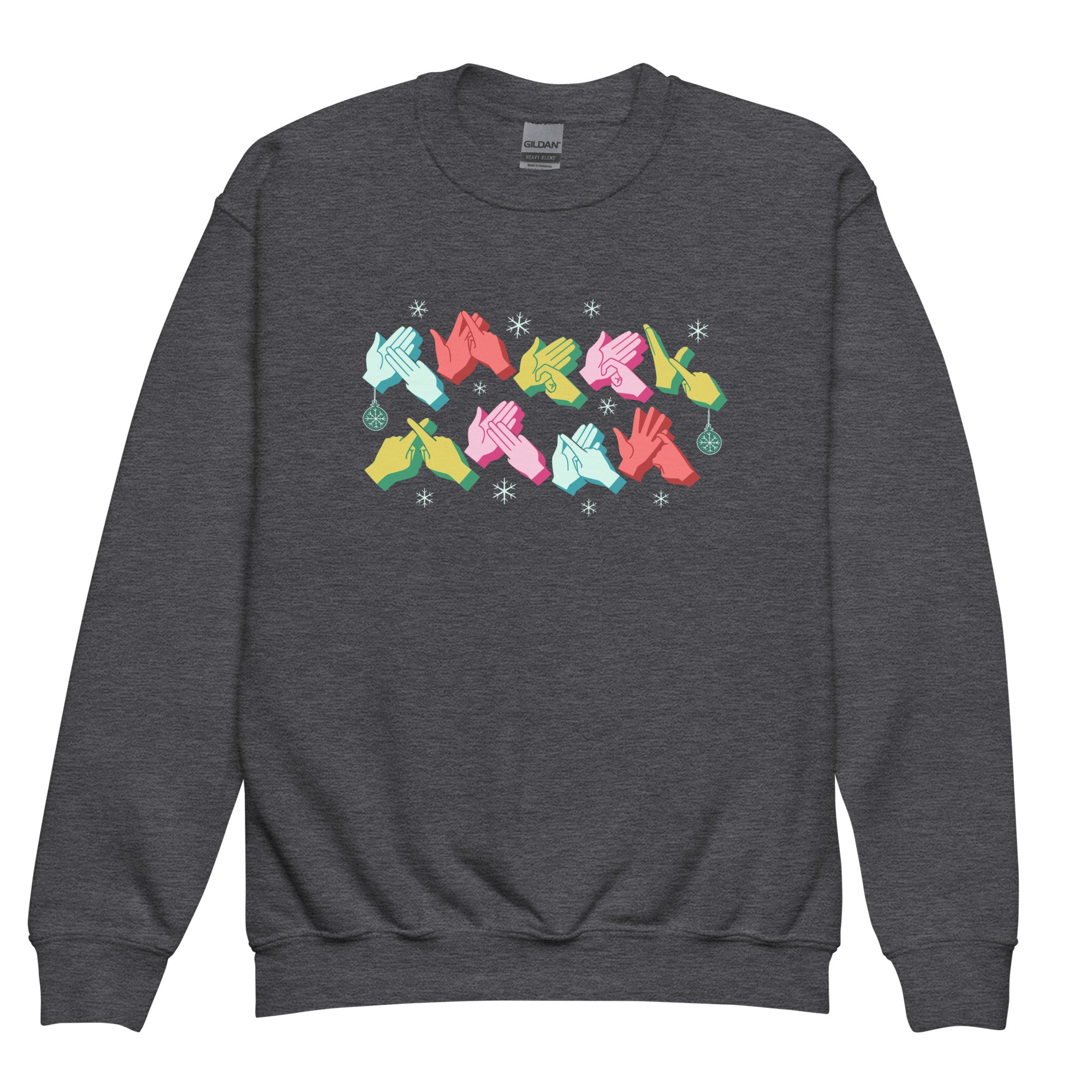Dark heather coloured Merry Christmas sweatshirt with Merry Xmas BSL fingerspelling design.