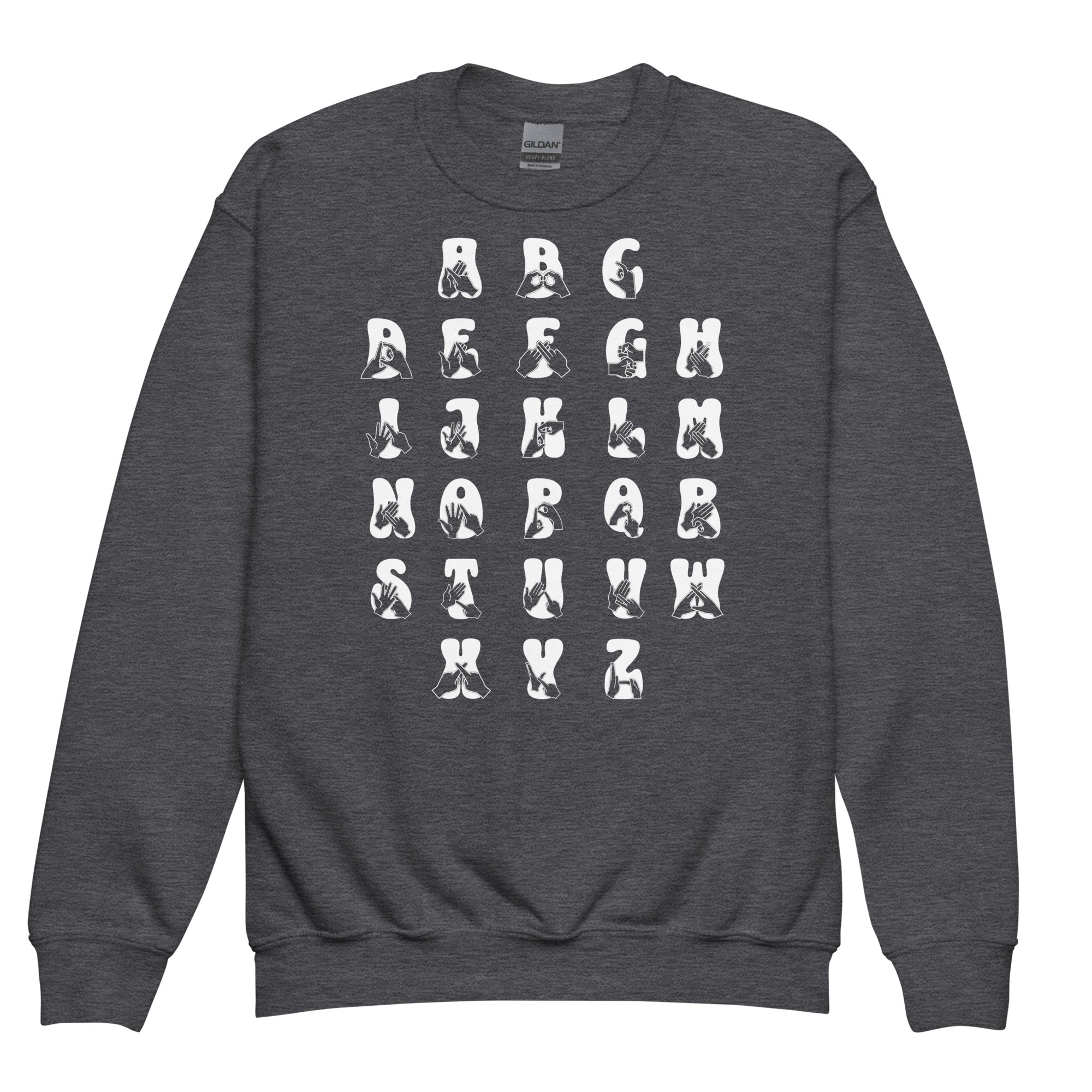 Front view of a dark heather sweatshirt with BSL Alphabet - White Fingerspelling & Text