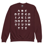Front view of a maroon sweatshirt with BSL Alphabet - White Fingerspelling & Text