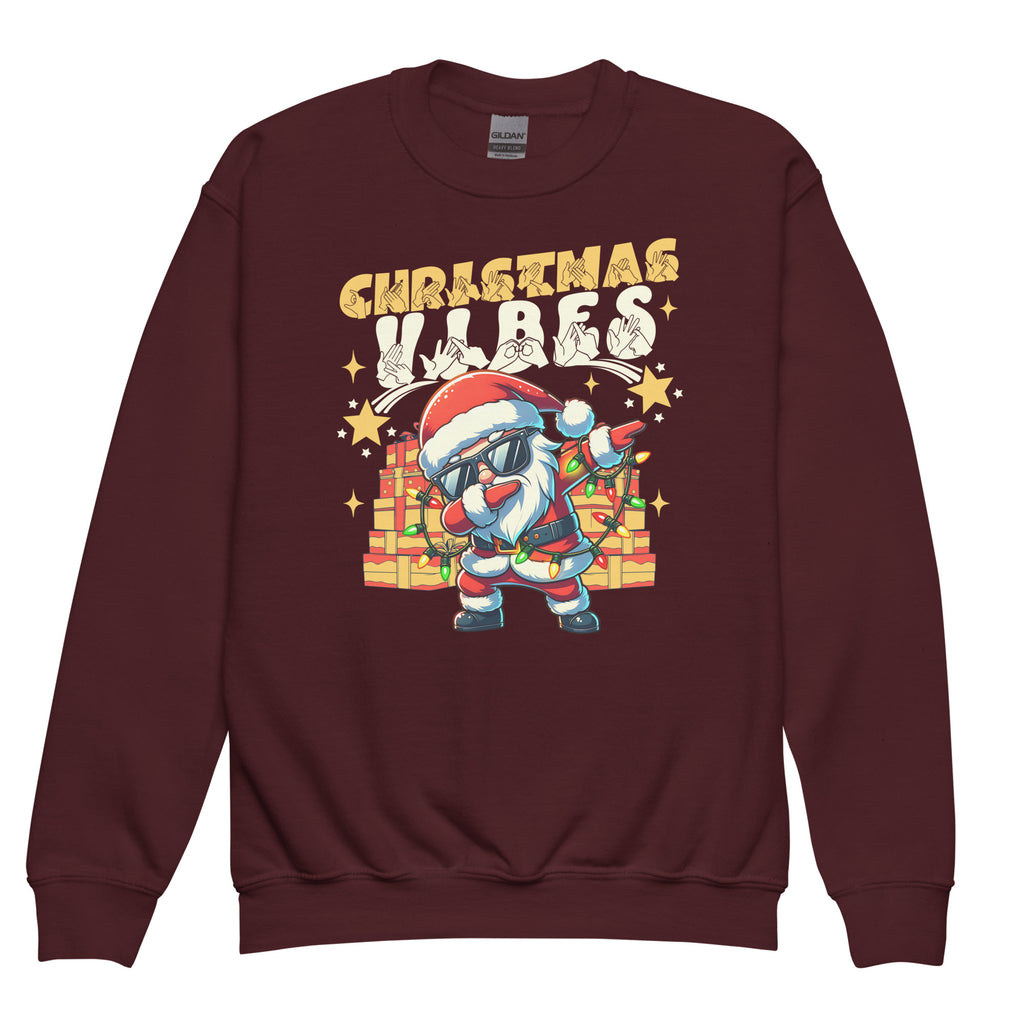 Maroon coloured Christmas Vibes kids sweatshirt with BSL design.
