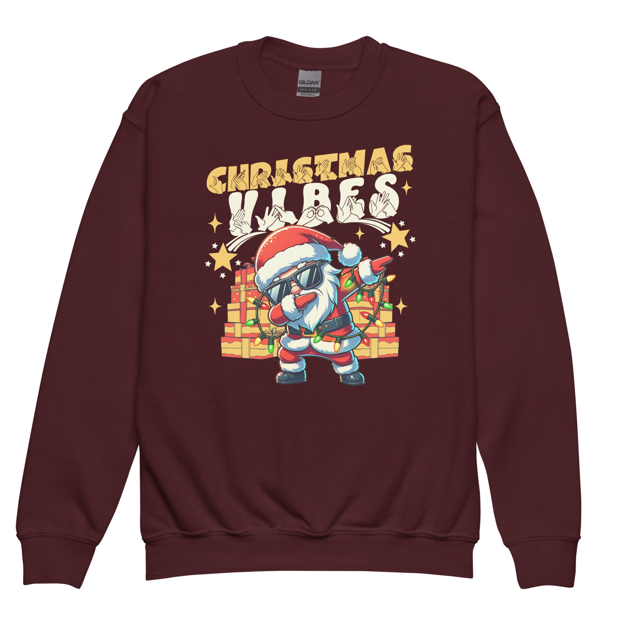 Maroon coloured Christmas Vibes kids sweatshirt with BSL design.