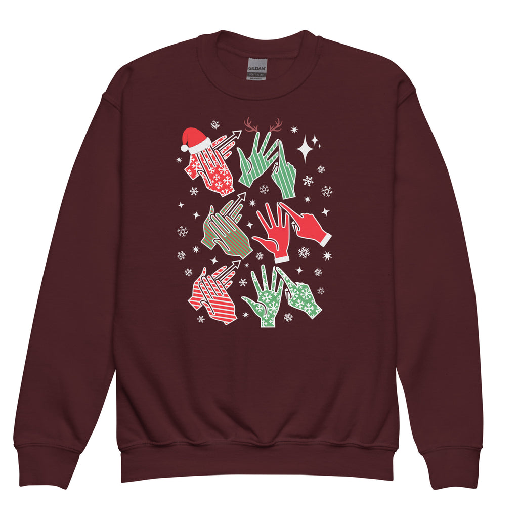 Maroon coloured Merry Christmas sweatshirt saying HO HO HO in BSL fingerspelling.