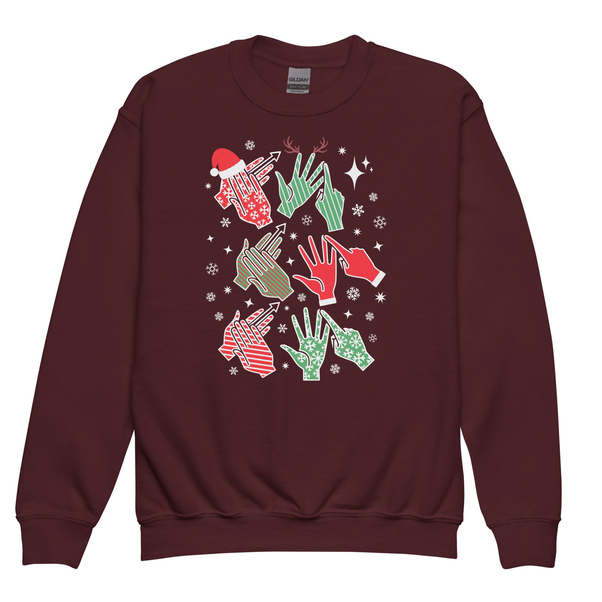 Maroon coloured Merry Christmas sweatshirt saying HO HO HO in BSL fingerspelling.
