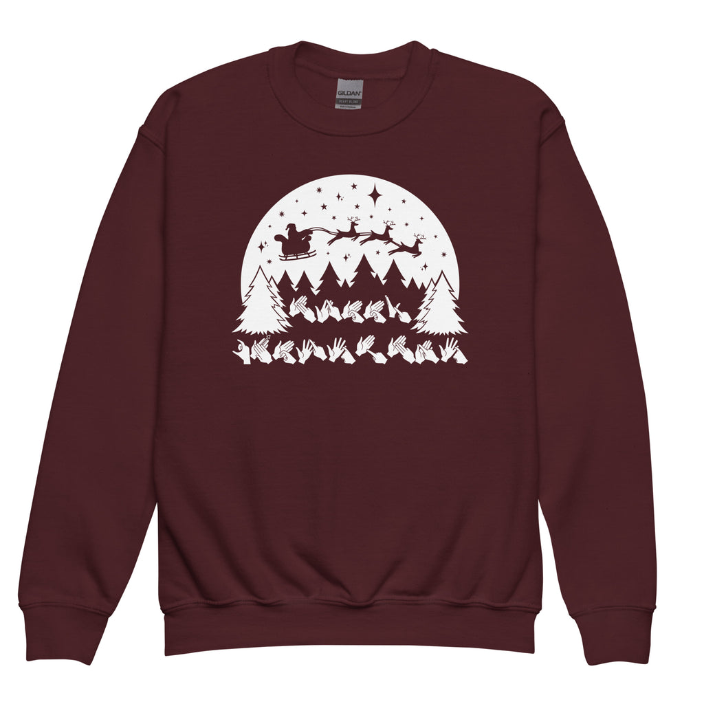 Maroon coloured Merry Christmas sweatshirt with Santa on his sleigh and BSL design.