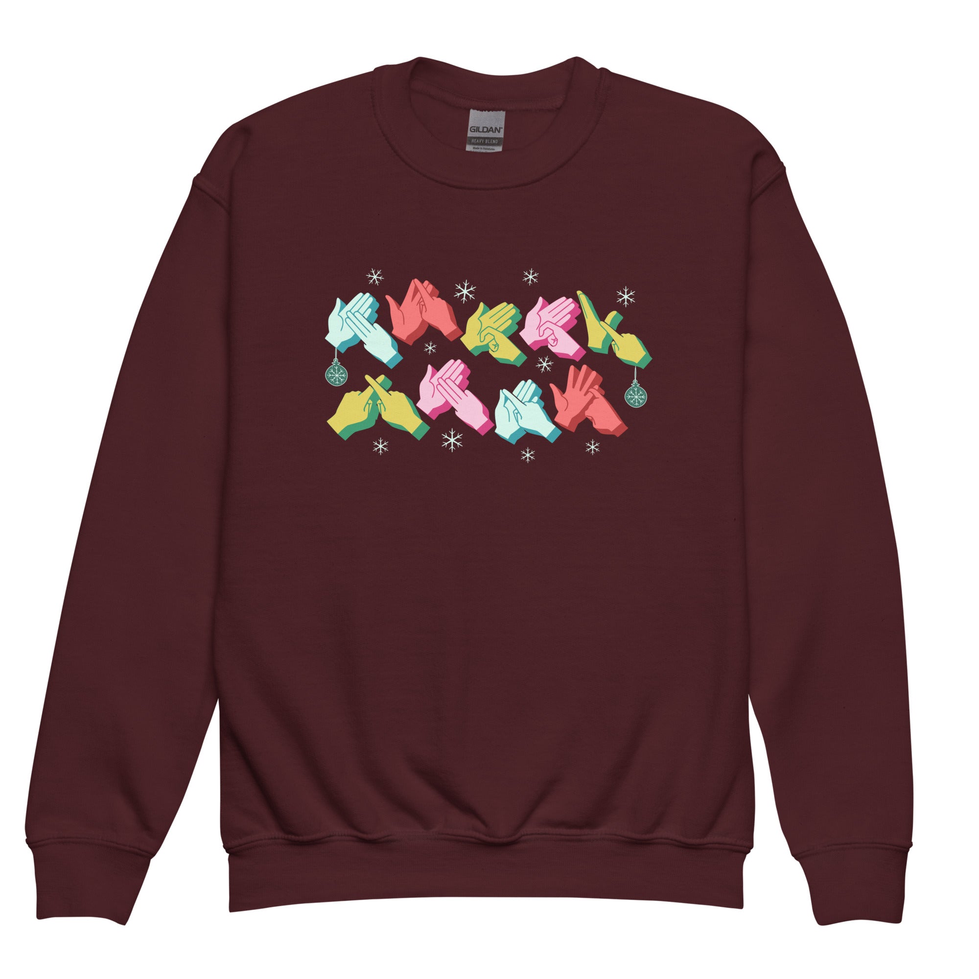 Royal coloured Merry Christmas sweatshirt with Merry Xmas BSL fingerspelling design.