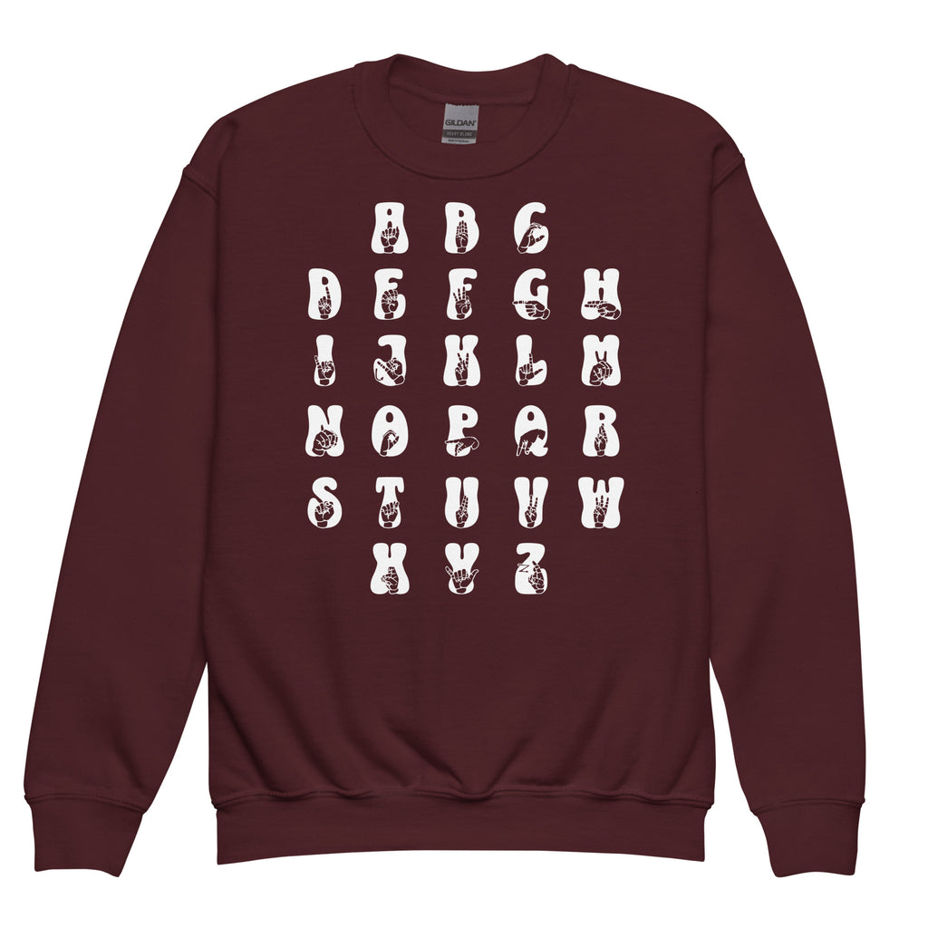 Front view of a maroon sweatshirt with ASL Alphabet - White Fingerspelling & Text