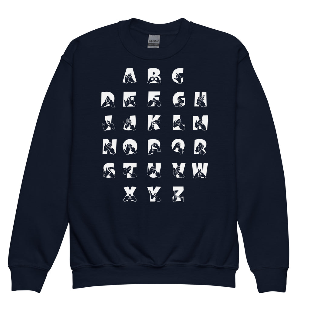 Front view of a navy sweatshirt with BSL Alphabet - White Fingerspelling & Text