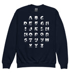 Front view of a navy sweatshirt with BSL Alphabet - White Fingerspelling & Text