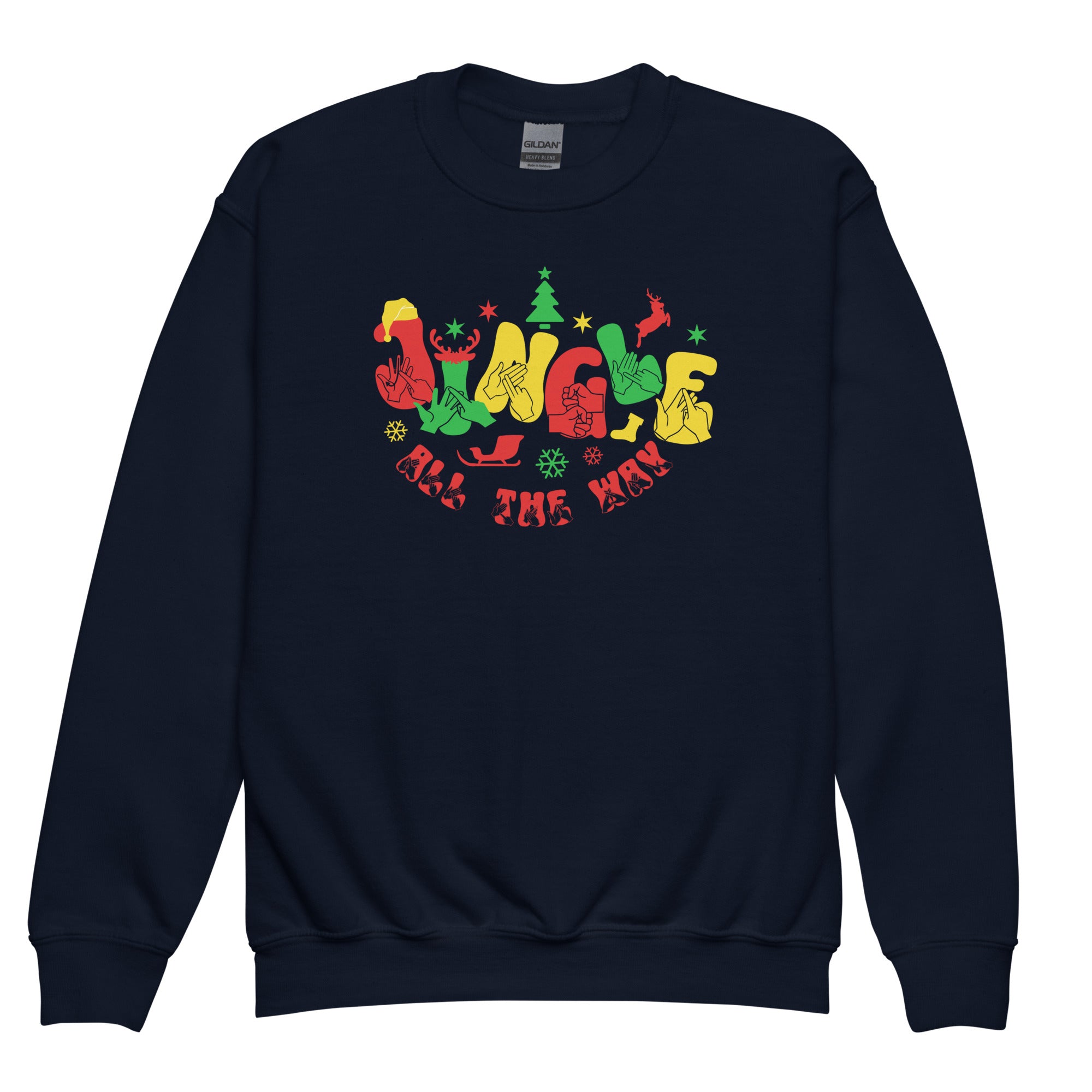 Navy coloured Jingle All The Way kids sweatshirt with BSL design.