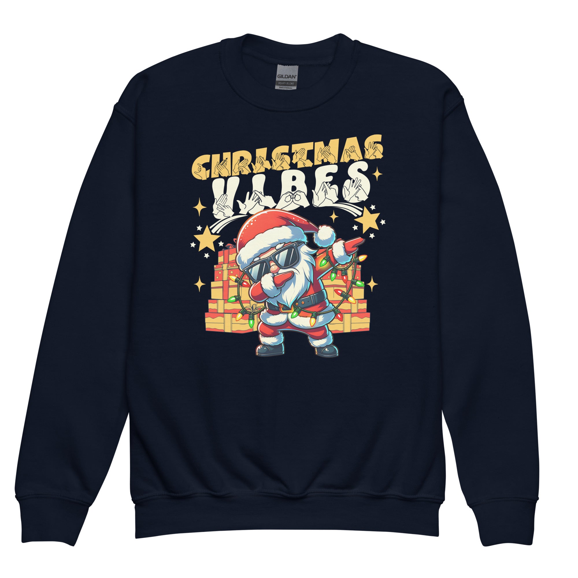 Navy coloured Christmas Vibes kids sweatshirt with BSL design.