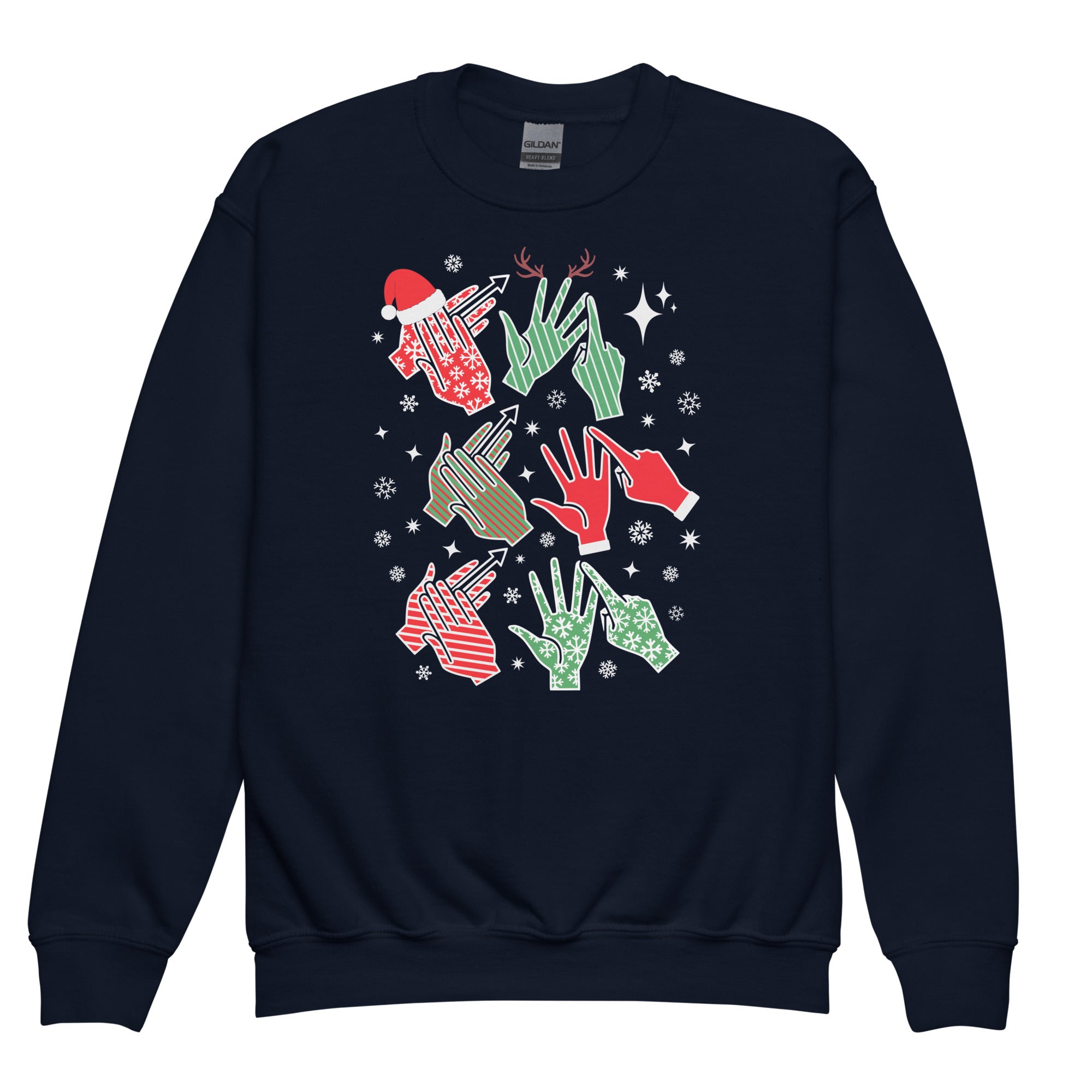 Navy coloured Merry Christmas sweatshirt saying HO HO HO in BSL fingerspelling.
