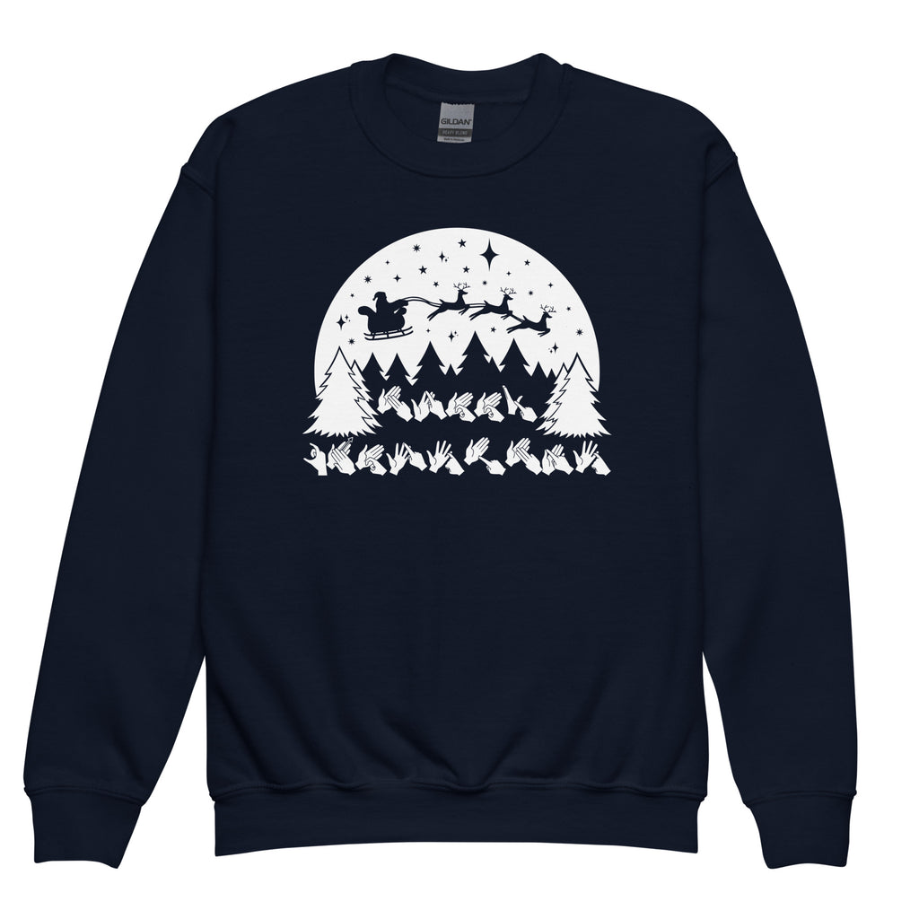 Navy coloured Merry Christmas sweatshirt with Santa on his sleigh and BSL design.