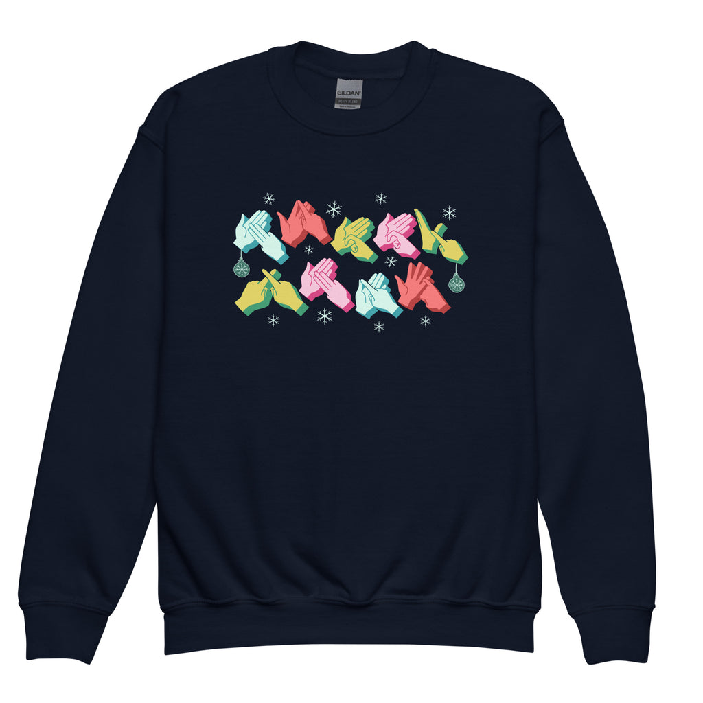 Navy coloured Merry Christmas sweatshirt with Merry Xmas BSL fingerspelling design.