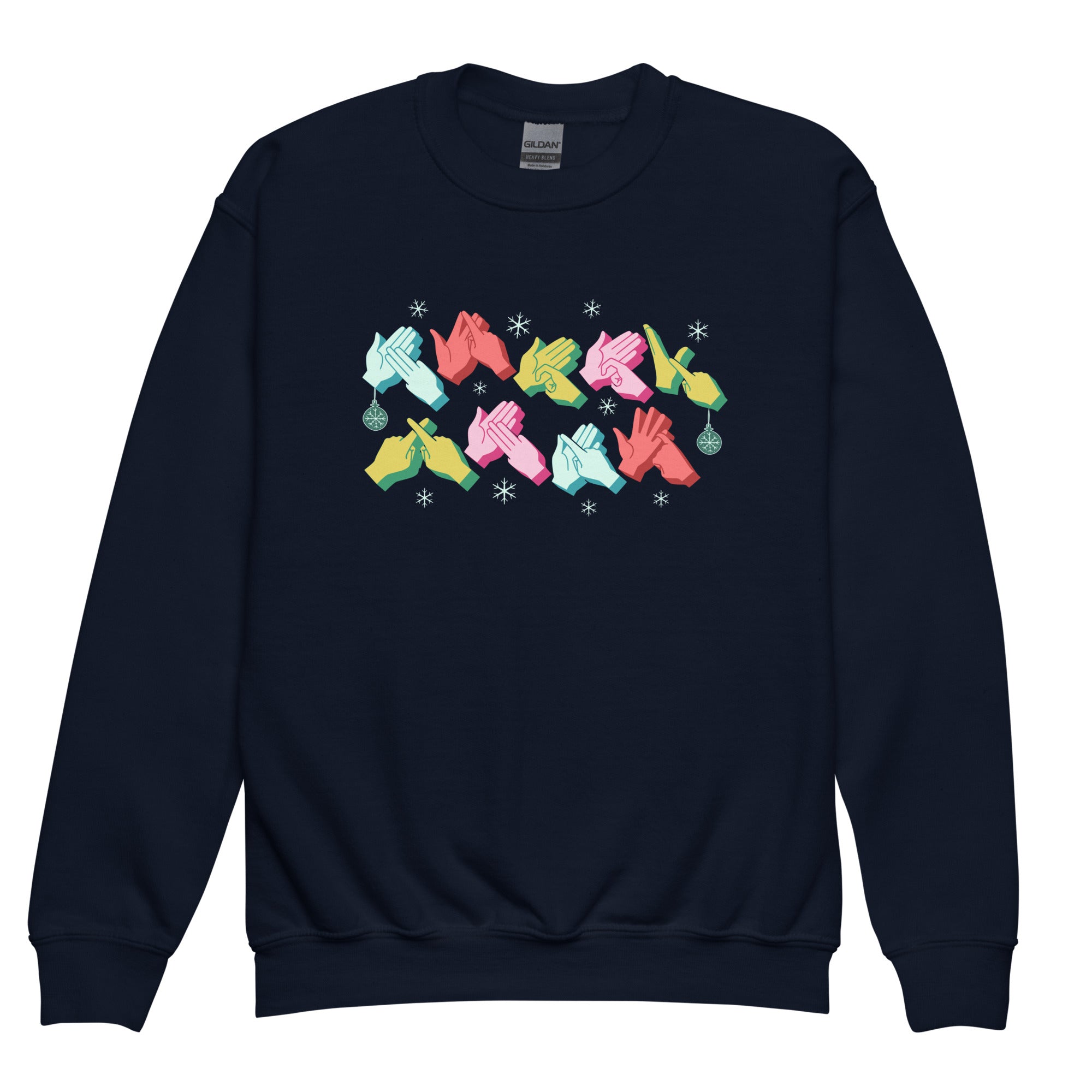 Navy coloured Merry Christmas sweatshirt with Merry Xmas BSL fingerspelling design.