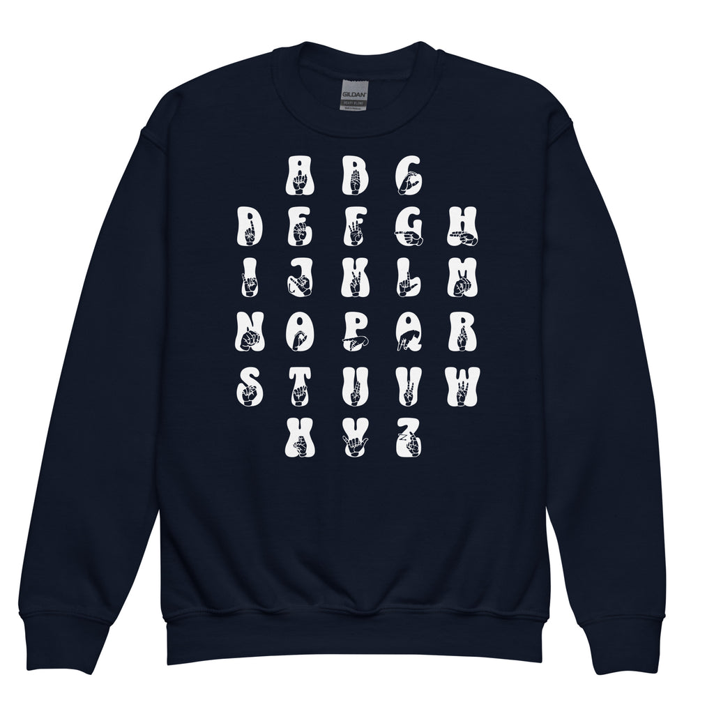 Front view of a navy sweatshirt with ASL Alphabet - White Fingerspelling & Text