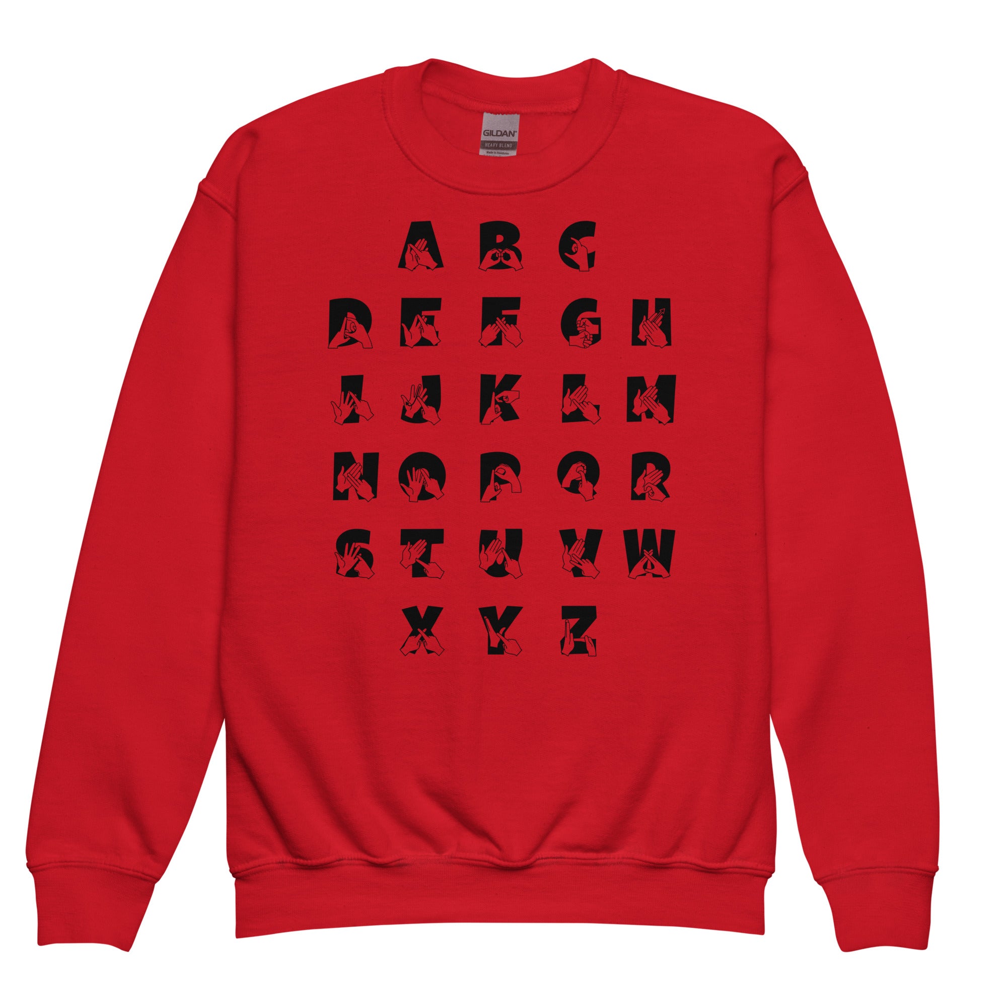 Front view of a red sweatshirt with BSL Alphabet - Black Fingerspelling & Text