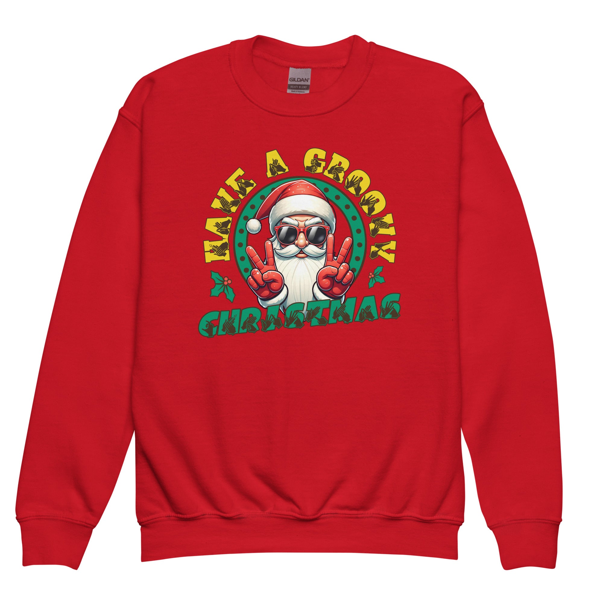 Red coloured Have A Groovy Christmas kids sweatshirt with BSL design.