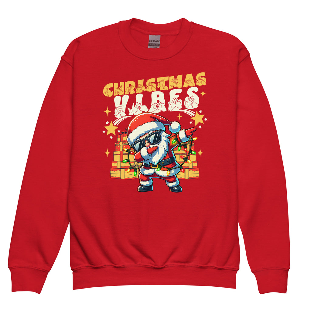 Red coloured Christmas Vibes kids sweatshirt with BSL design.