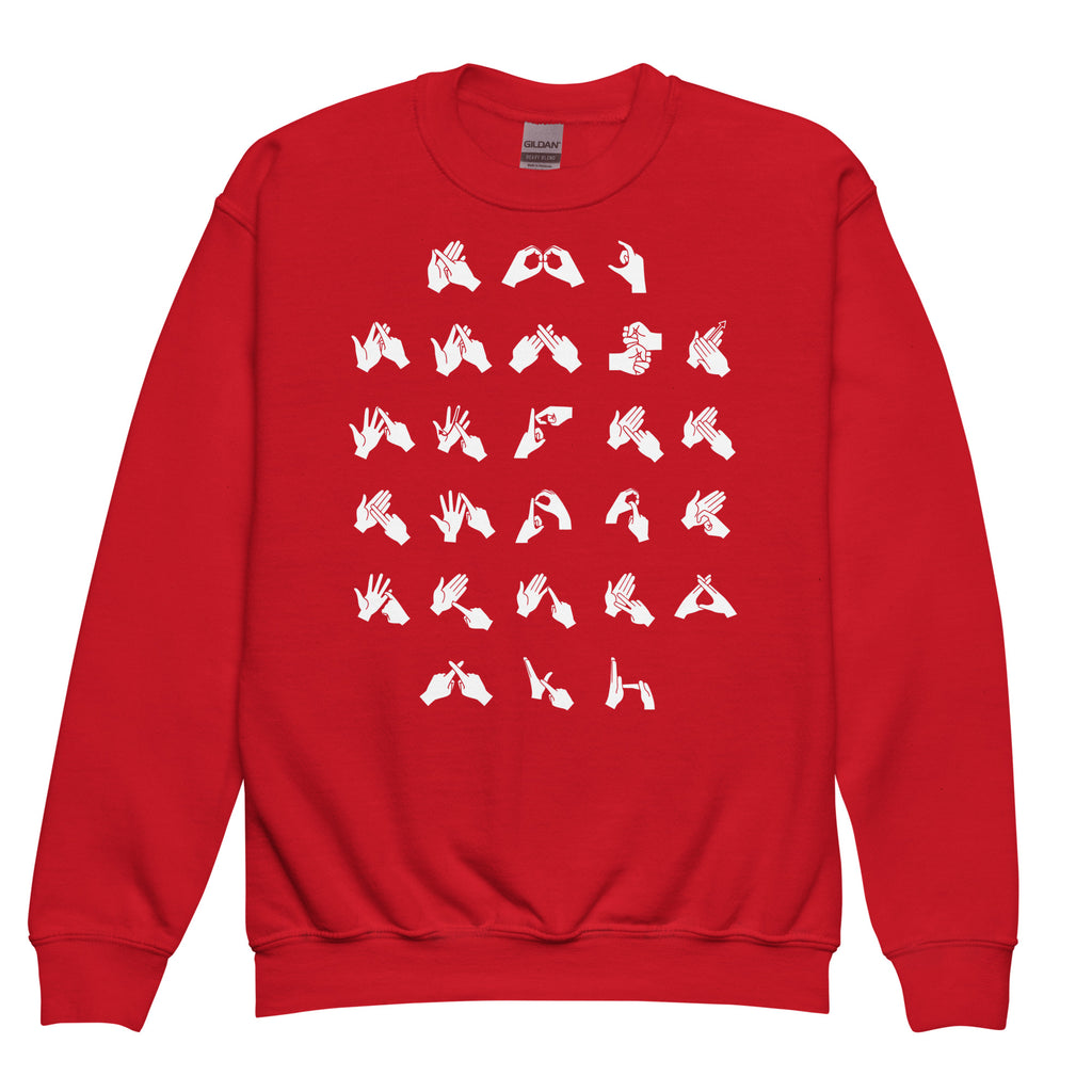 Front view of a red sweatshirt with BSL Alphabet - White Fingerspelling