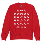 Front view of a red sweatshirt with BSL Alphabet - White Fingerspelling
