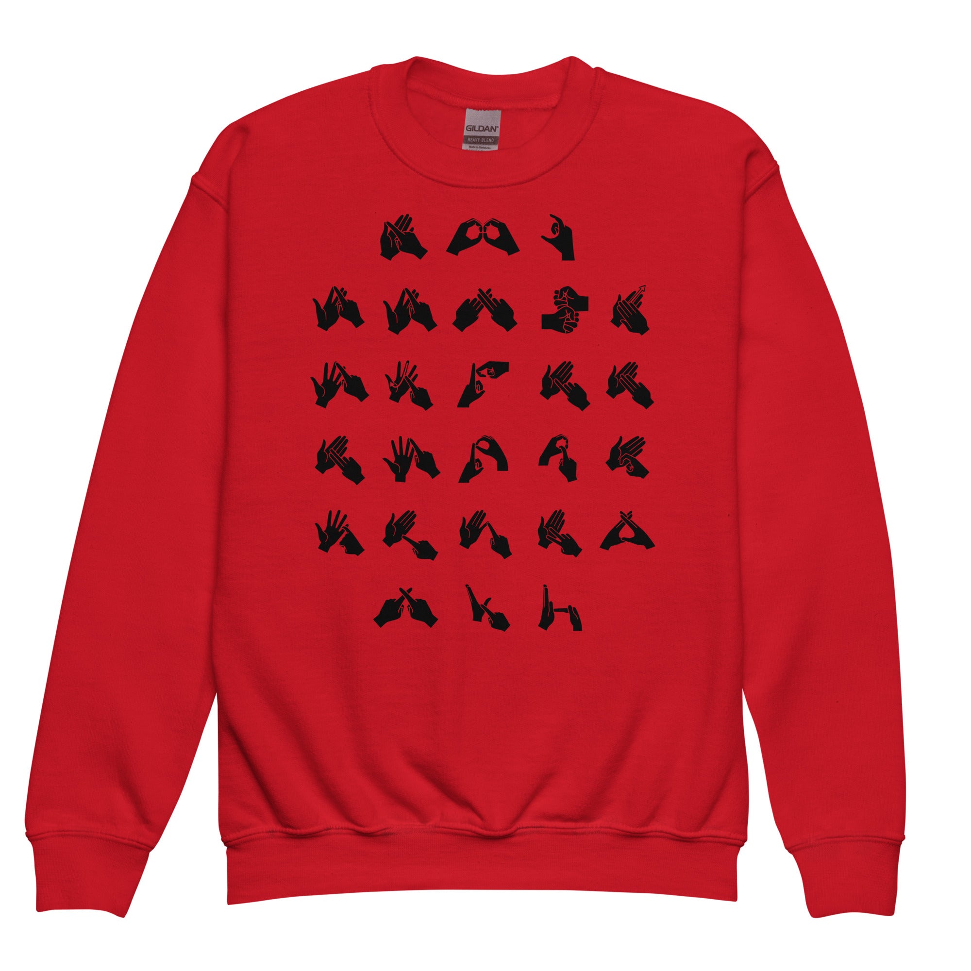 Front view of a red sweatshirt with BSL Alphabet - Black Fingerspelling