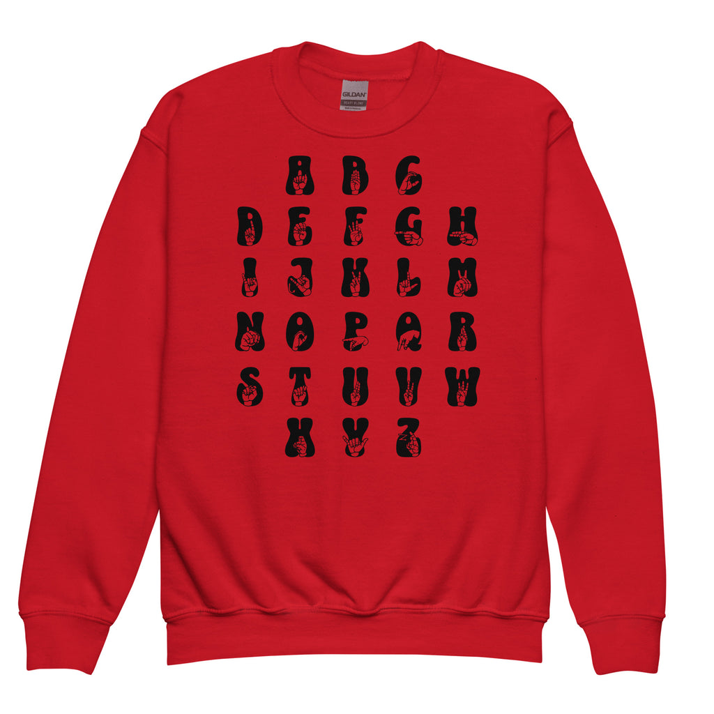 Front view of a red sweatshirt with ASL Alphabet - Black Fingerspelling & Text