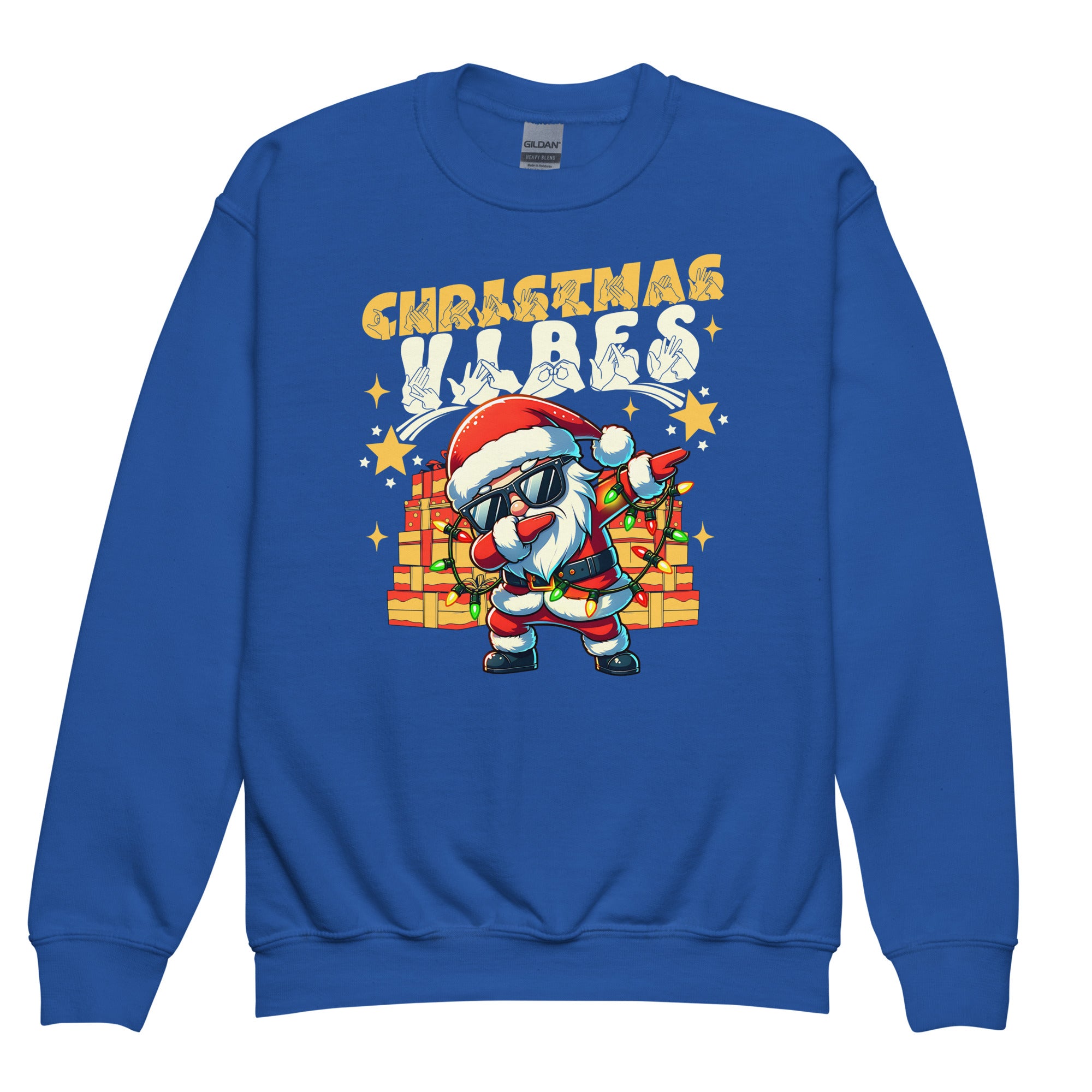 Royal coloured Christmas Vibes kids sweatshirt with BSL design.