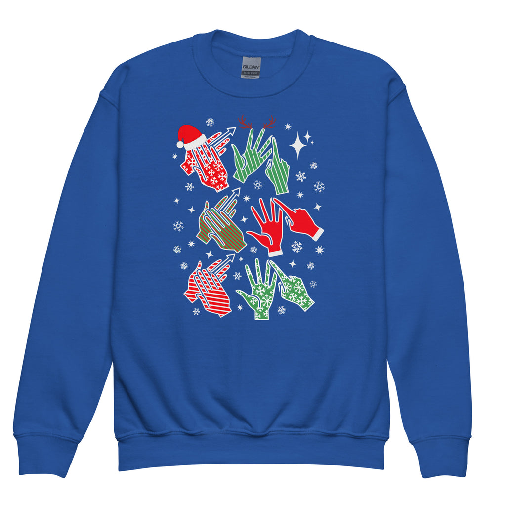 Royal coloured Merry Christmas sweatshirt saying HO HO HO in BSL fingerspelling.