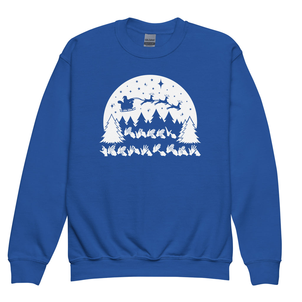 Royal coloured Merry Christmas sweatshirt with Santa on his sleigh and BSL design.
