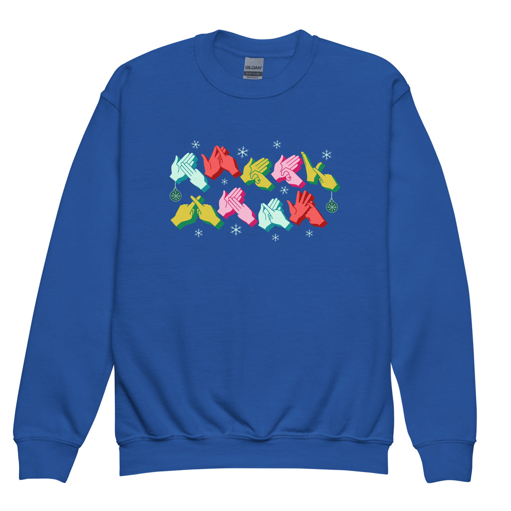 Royal coloured Merry Christmas sweatshirt with Merry Xmas BSL fingerspelling design.