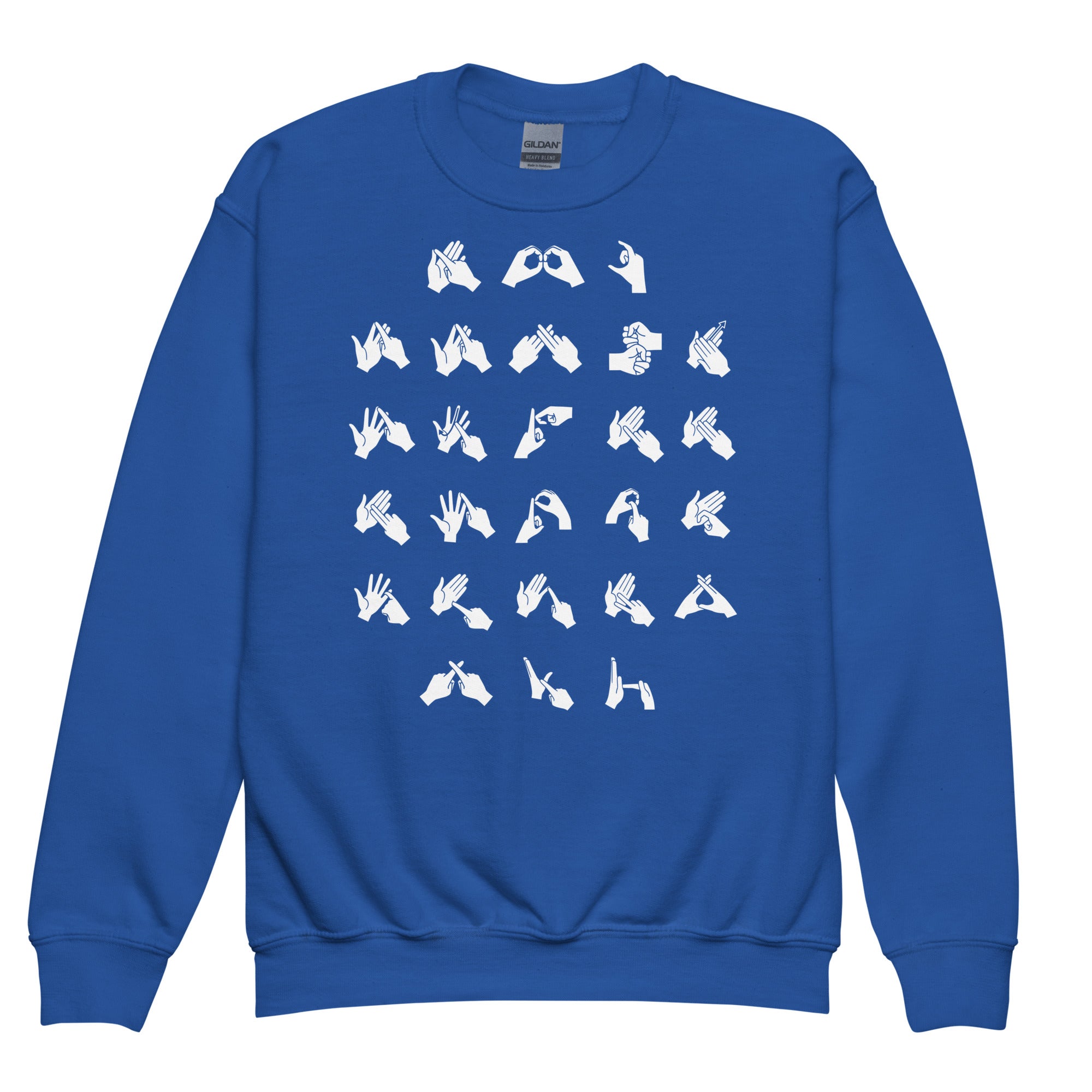 Front view of a royal sweatshirt with BSL Alphabet - White Fingerspelling