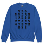 Front view of a royal sweatshirt with BSL Alphabet - Black Fingerspelling & Text