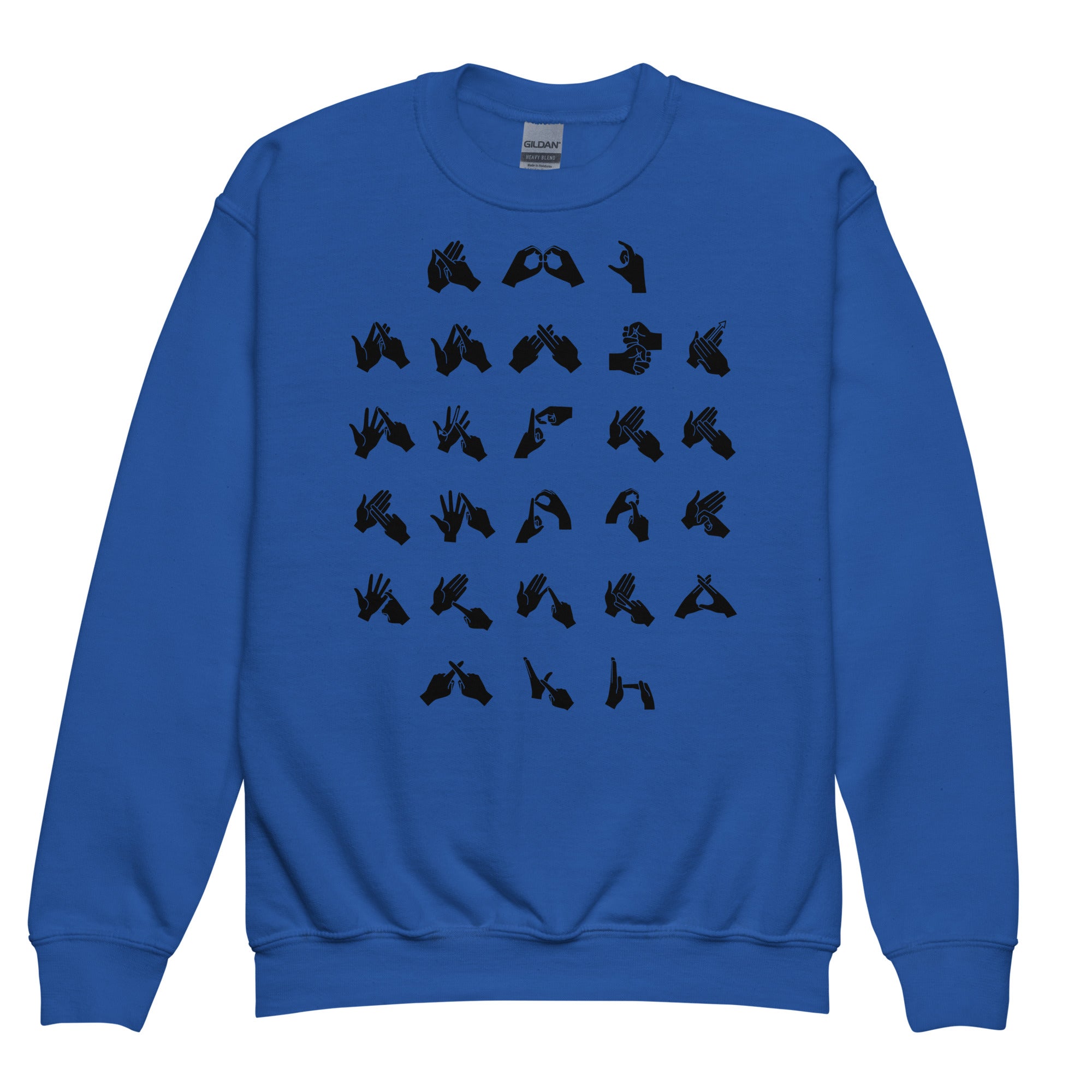 Front view of a royal sweatshirt with BSL Alphabet - Black Fingerspelling