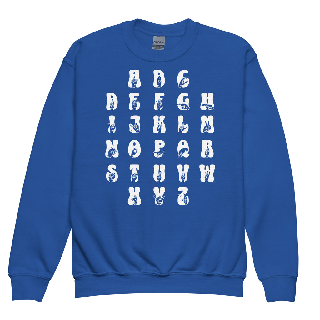 Front view of a royal sweatshirt with ASL Alphabet - White Fingerspelling & Text
