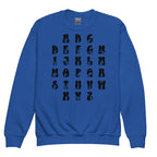 Front view of a royal sweatshirt with ASL Alphabet - Black Fingerspelling & Text