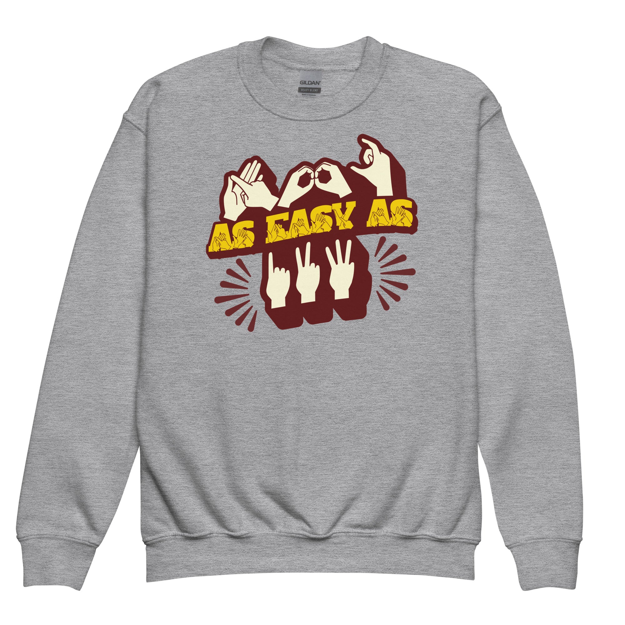 Sport grey sweatshirt with ‘ABC As Easy As 123’ in BSL fingerspelling and text characters