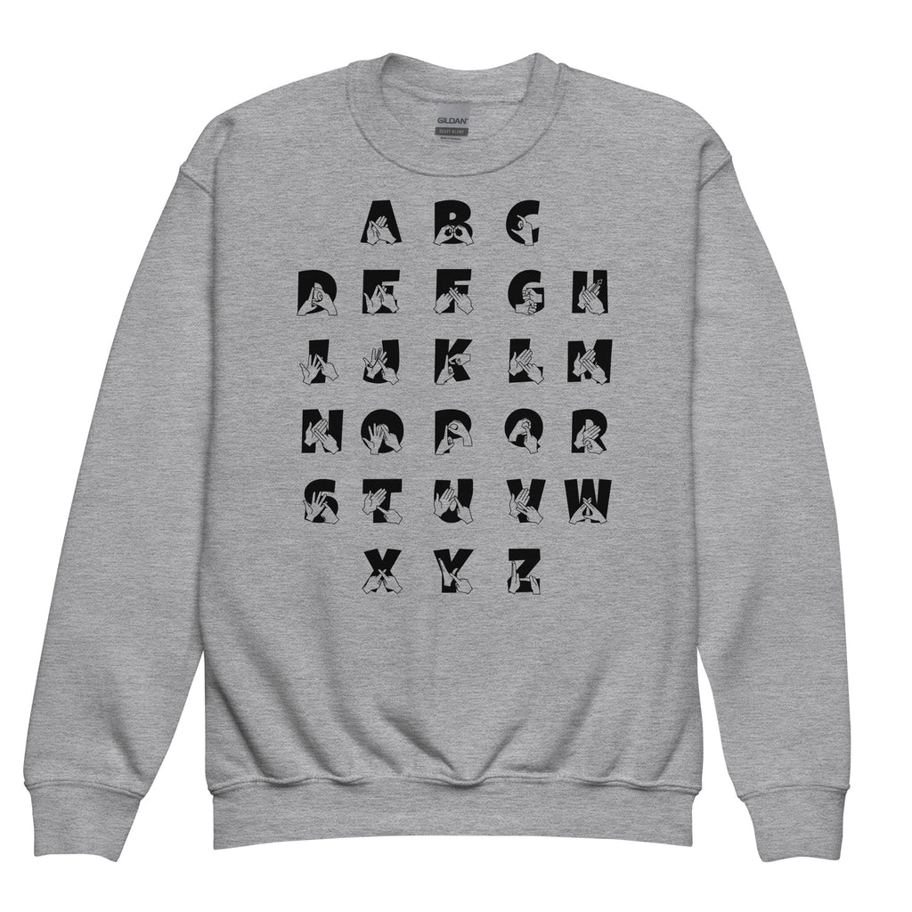 Front view of a sport grey sweatshirt with BSL Alphabet - Black Fingerspelling & Text