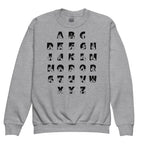 Front view of a sport grey sweatshirt with BSL Alphabet - Black Fingerspelling & Text