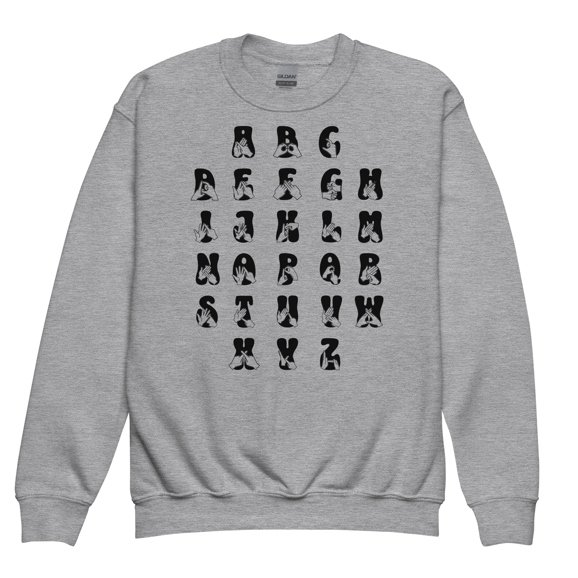 Front view of a sport grey sweatshirt with BSL Alphabet - Black Fingerspelling & Text