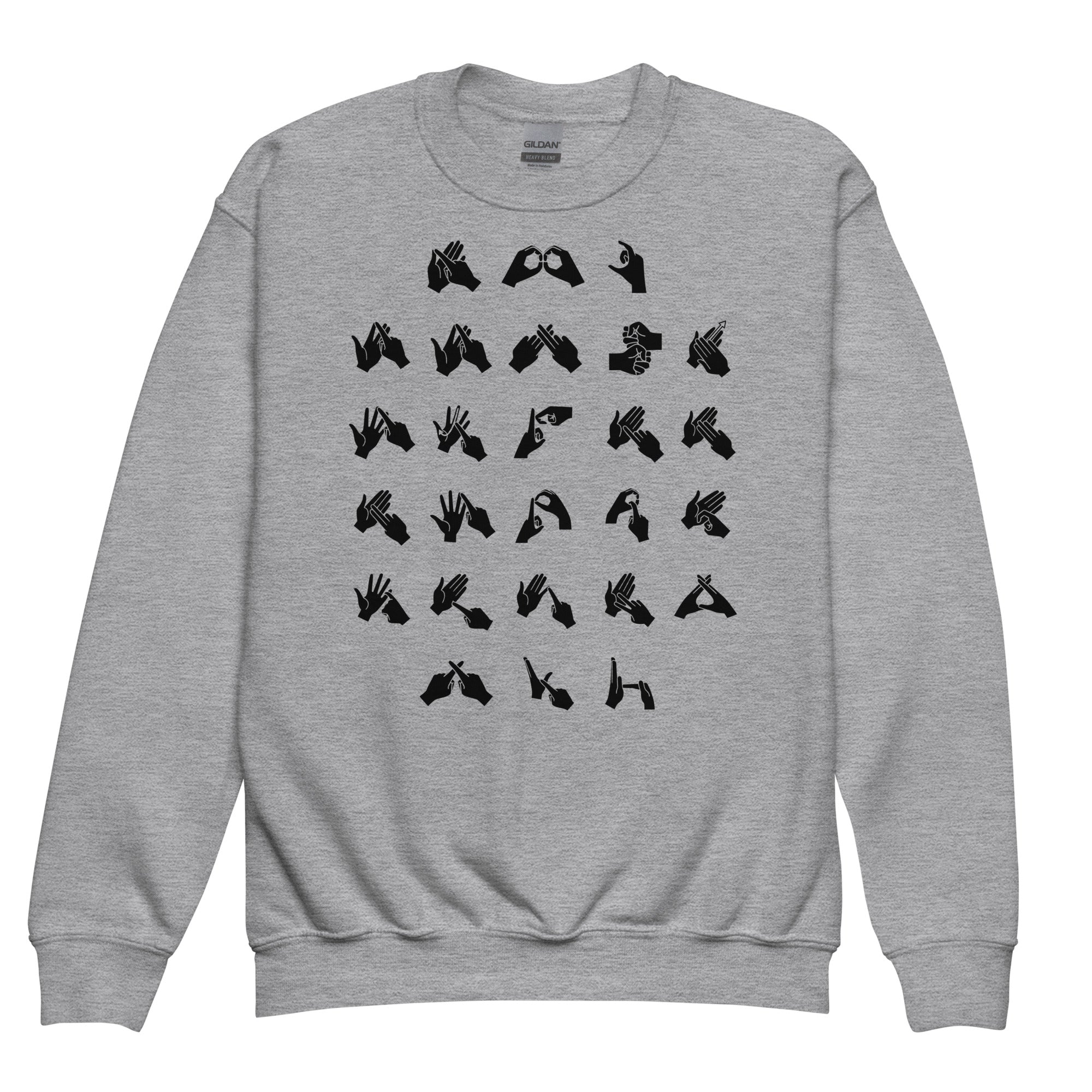 Front view of a sport grey sweatshirt with BSL Alphabet - Black Fingerspelling