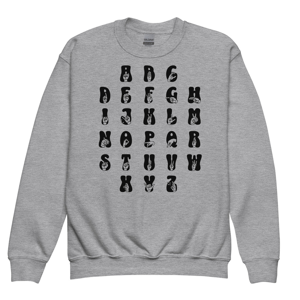 Front view of a sport grey sweatshirt with ASL Alphabet - Black Fingerspelling & Text