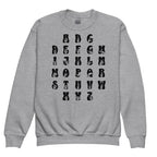 Front view of a sport grey sweatshirt with ASL Alphabet - Black Fingerspelling & Text