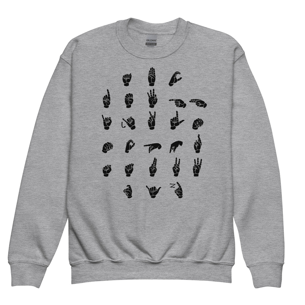 Front view of a sport grey sweatshirt with ASL Alphabet - Black Fingerspelling